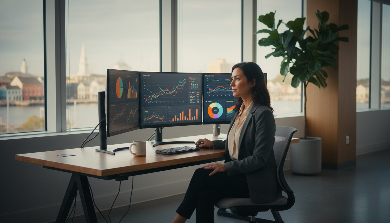Professional marketing strategist reviewing AI analytics dashboards in modern Charleston office with waterfront view, digital marketing agency