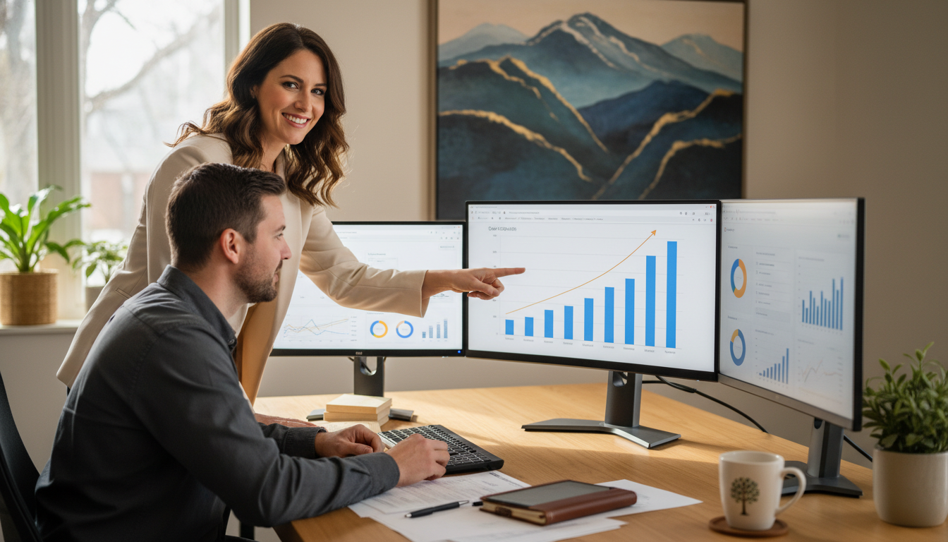 SEO consultant and business owner reviewing search rankings on monitors in modern Cleveland office