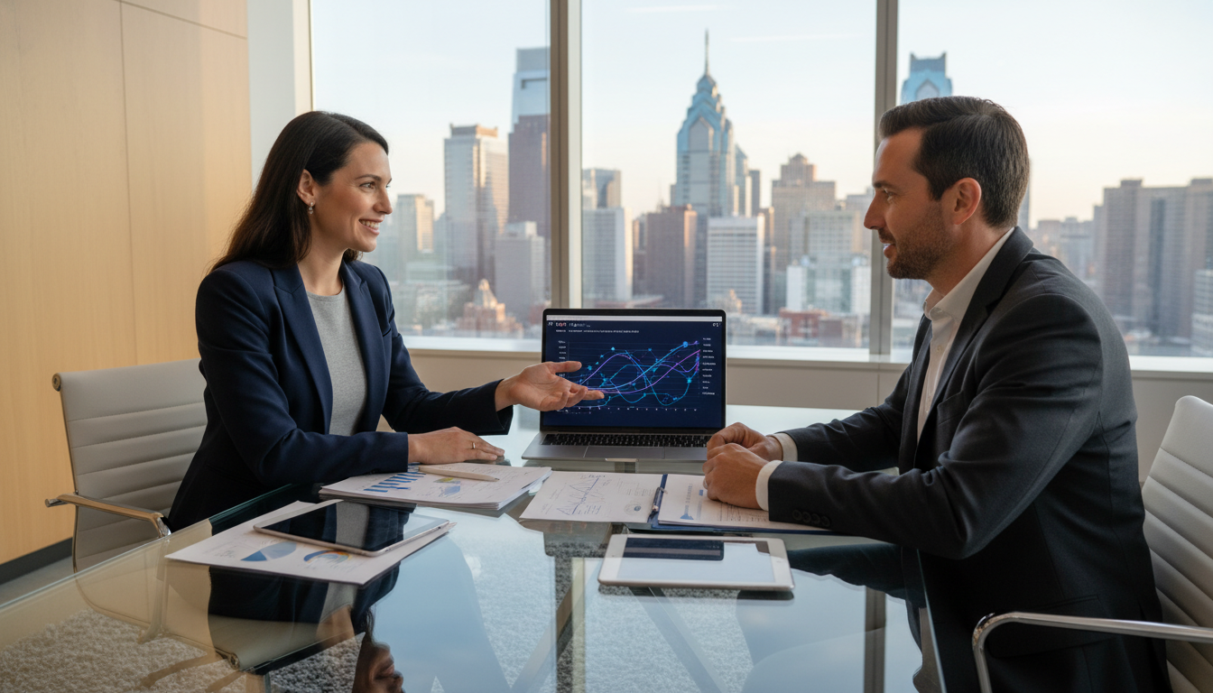 Marketing strategist consulting with Columbia business owner in modern office, AI marketing strategy discussion