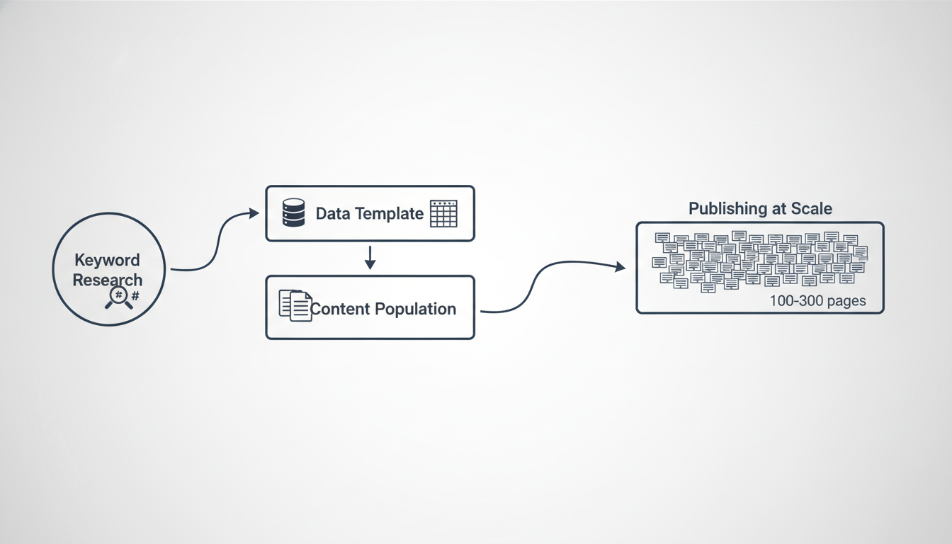Programmatic SEO process flow: keyword research to data template to content population to publishing