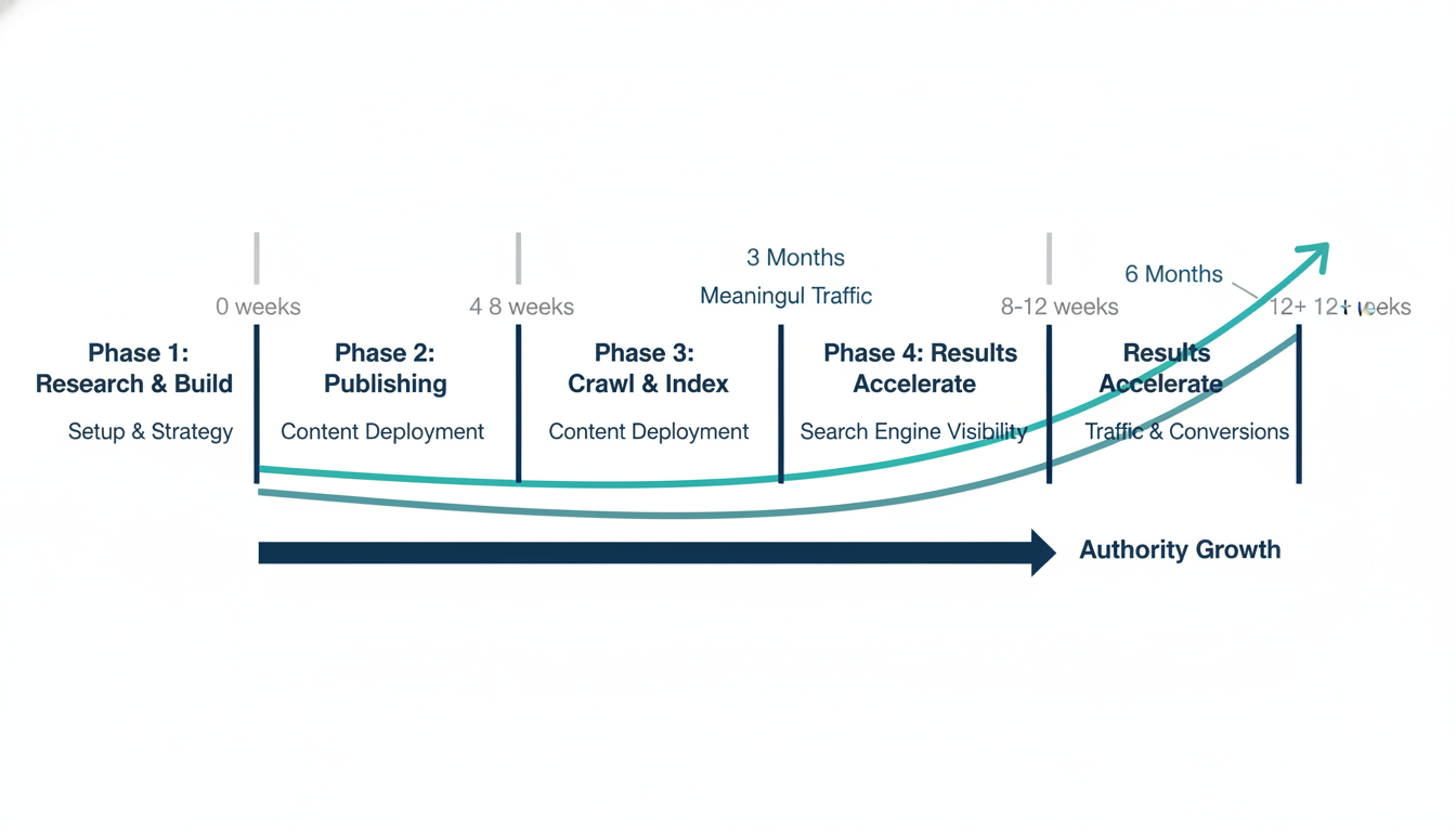 Timeline showing programmatic SEO campaign phases from build through results acceleration