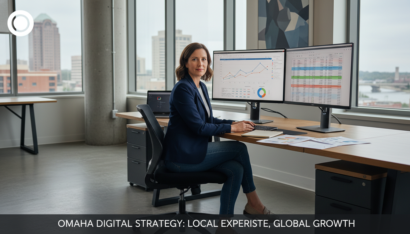 Professional SEO strategist working at desk with analytics displays in modern Omaha office