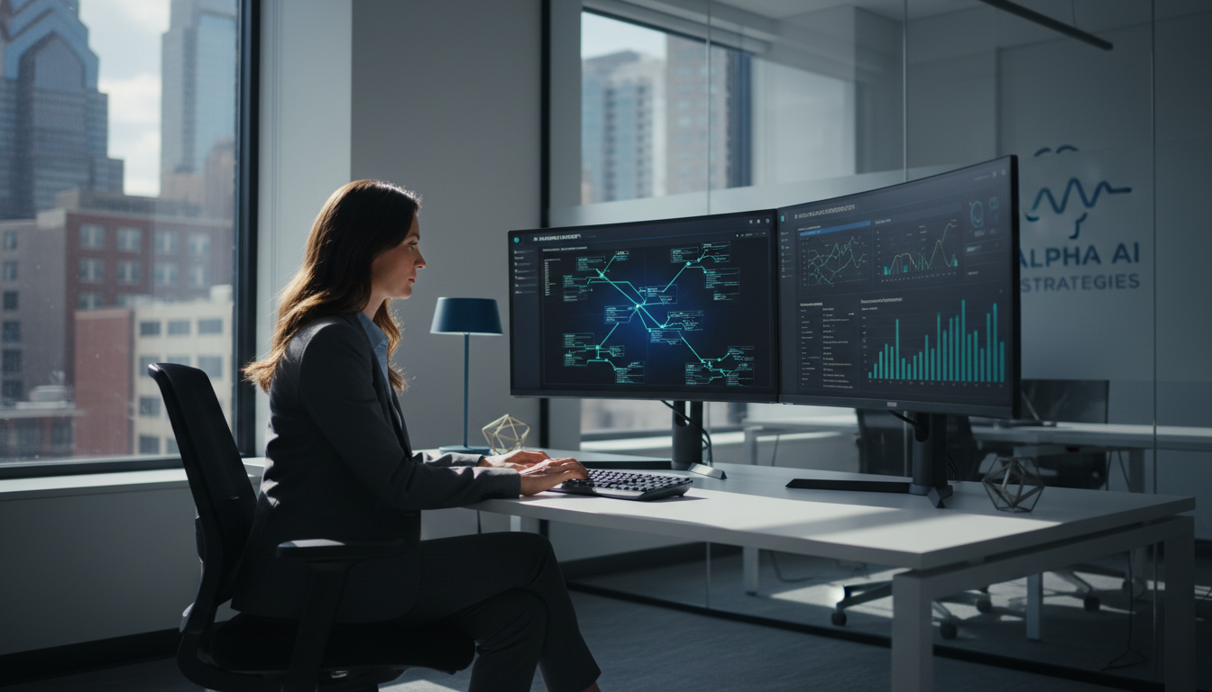 SEO professional reviewing AI-powered analytics on dual monitors in modern office, Tyler PA
