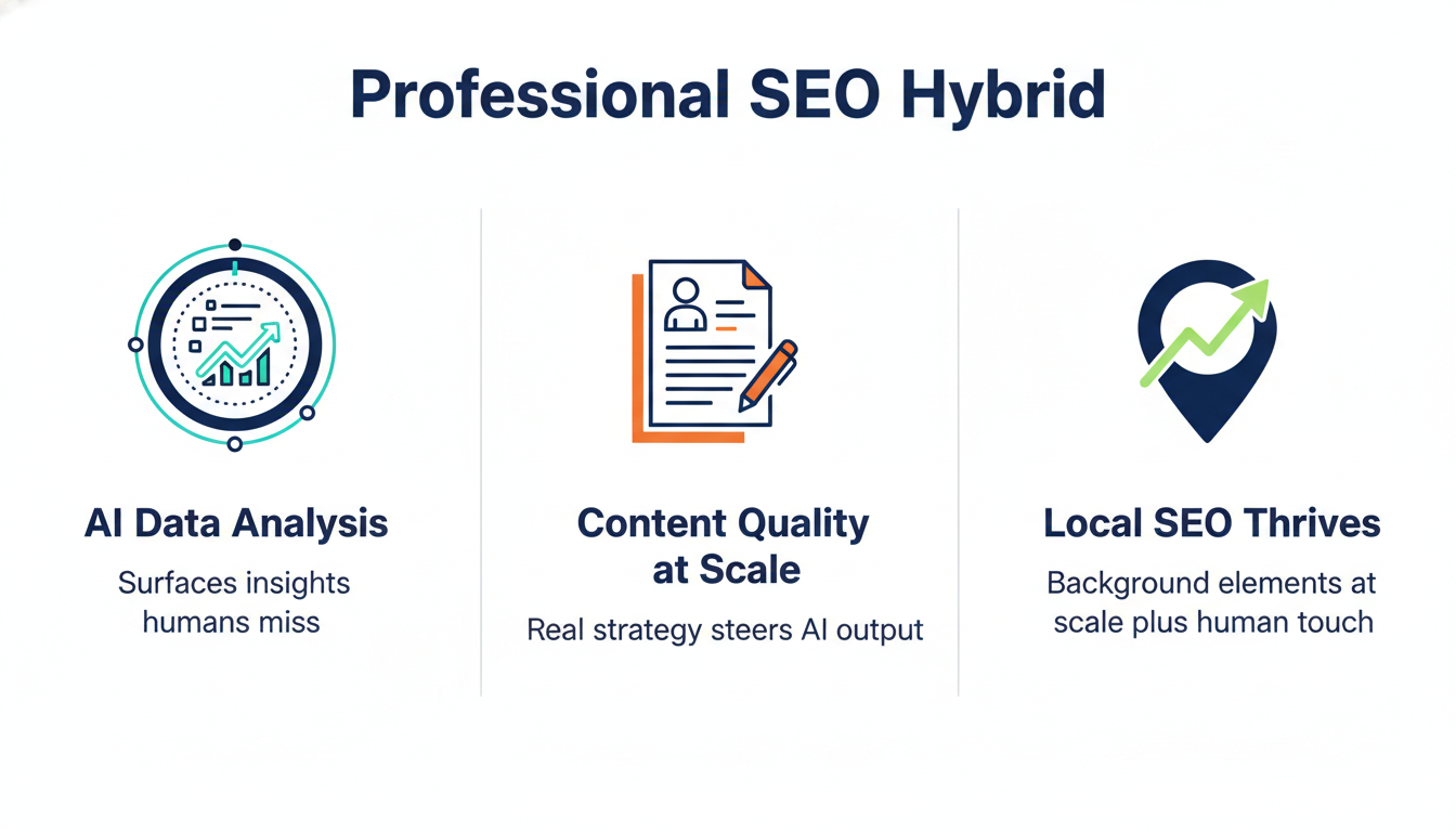 Three benefits of professional SEO Hybrid: data analysis, content quality, and local SEO scaling diagram