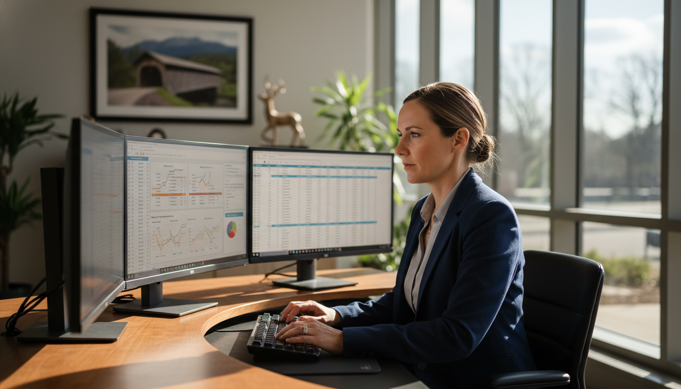 Digital marketing strategist reviewing SEO analytics on multiple monitors in modern office, Cleveland Georgia SEO Hybrid agency