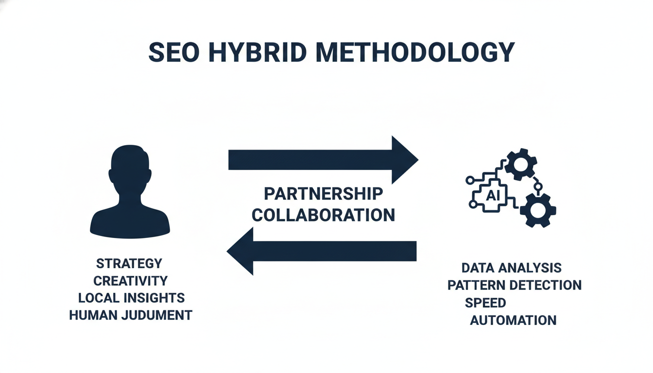 SEO Hybrid model diagram showing human strategy connected to AI automation, Cleveland Georgia SEO services