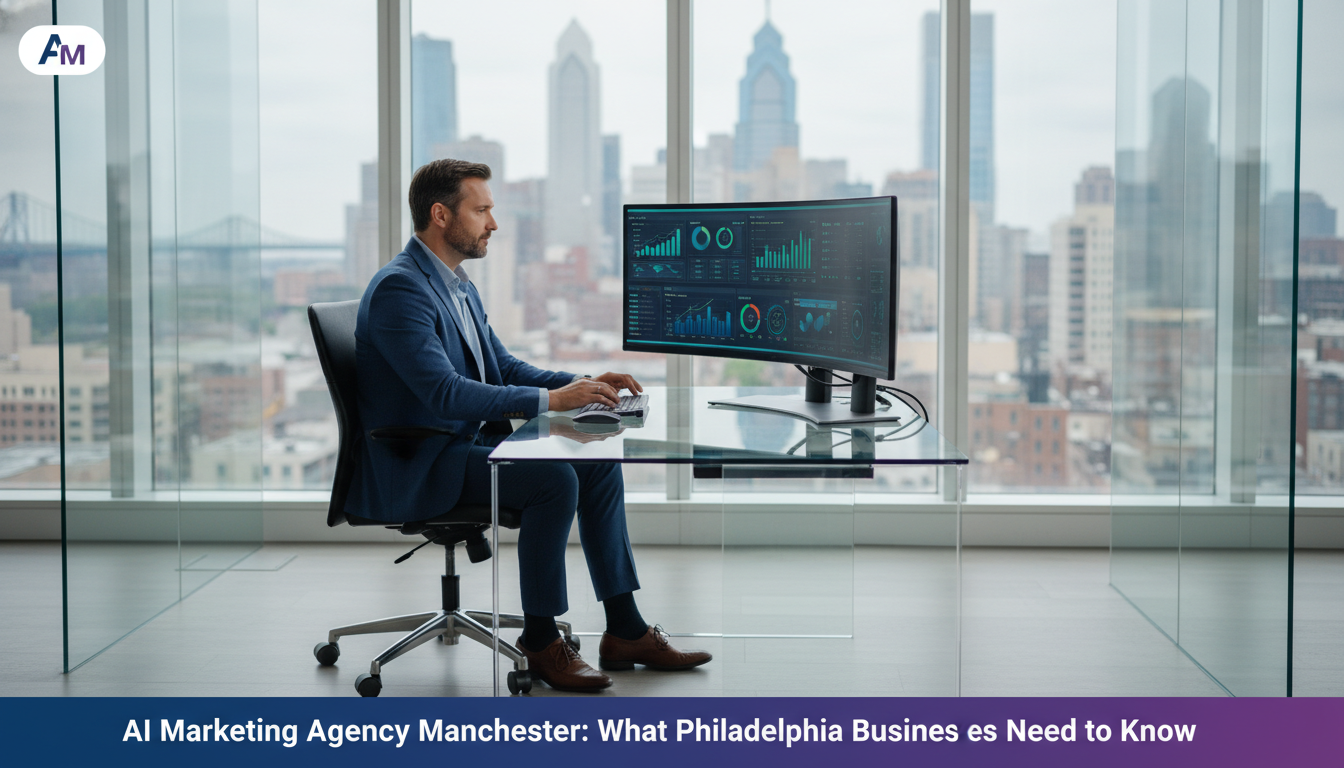 AI marketing strategist reviewing analytics dashboard in modern Manchester office with city skyline, AI Marketing, Manchester PA