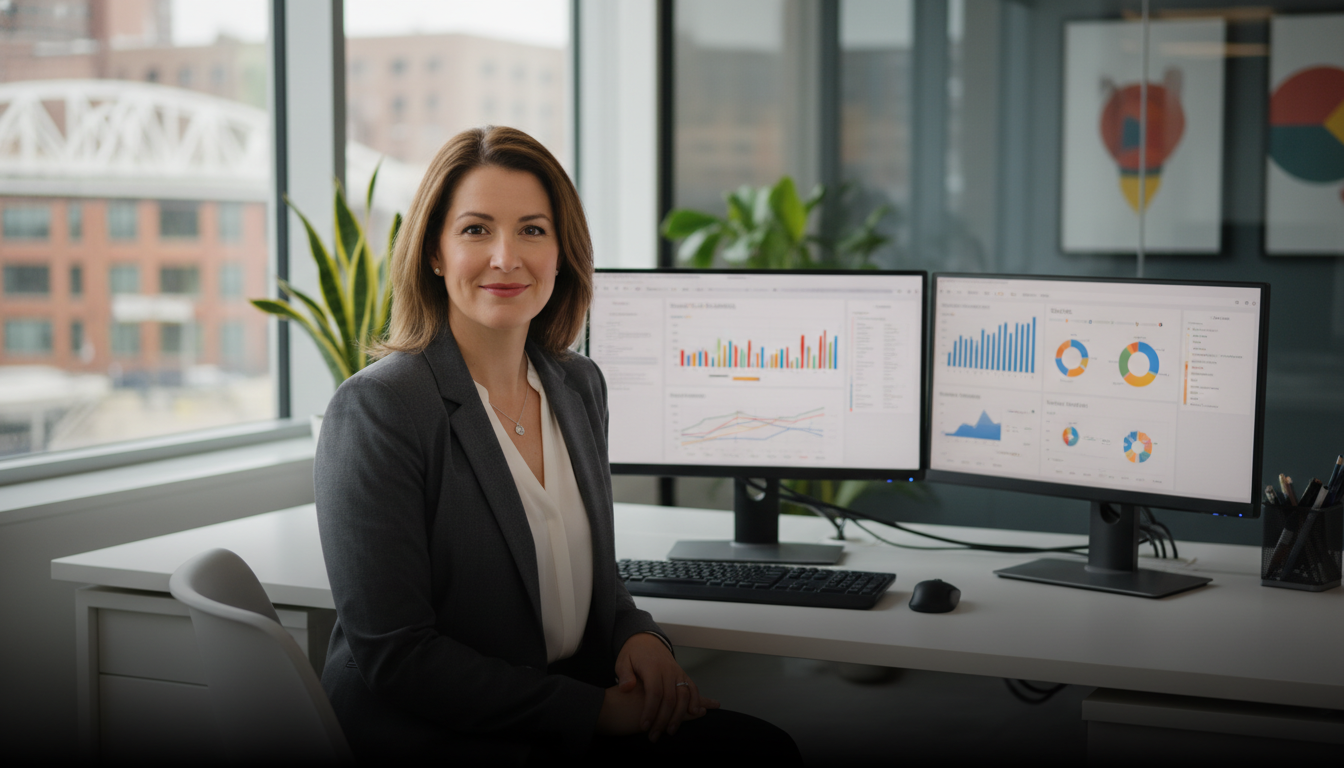 Professional SEO strategist working at modern office desk with analytics dashboards displayed on monitors, representing AI-assisted SEO services in Baltimore.