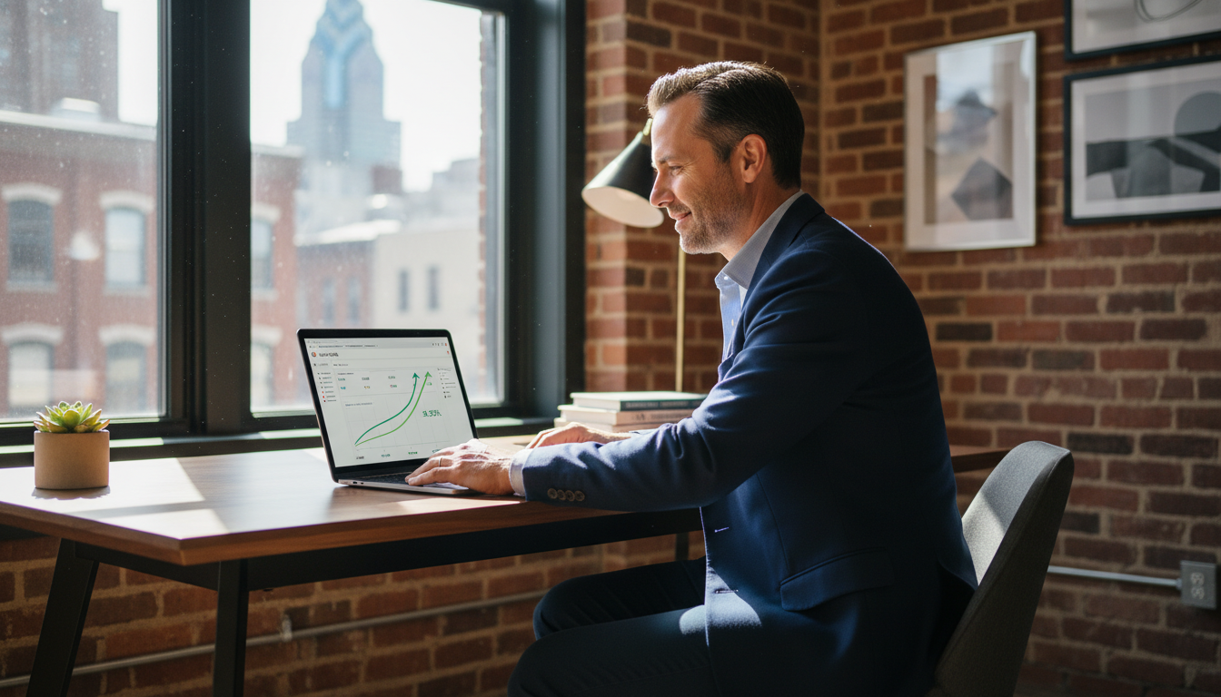 Business owner at modern desk with analytics dashboard, Waco office: SEO Hybrid