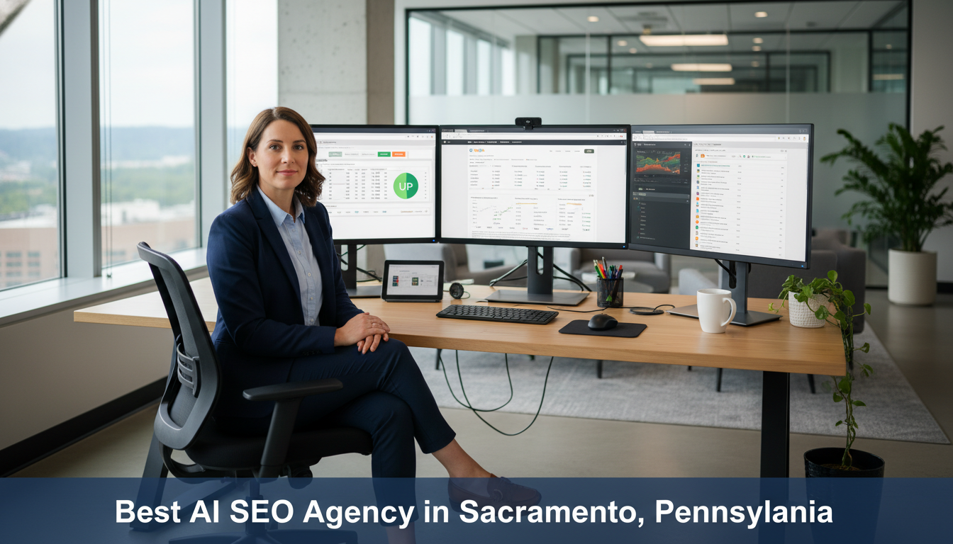 Professional SEO strategist reviewing analytics dashboards in modern Sacramento office workspace