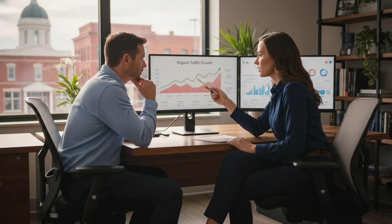 SEO consultant discussing analytics with Charlotte business owner at modern office desk, Charlotte NC