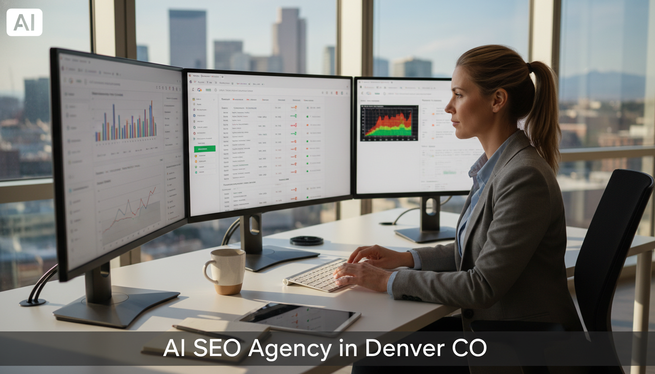 Professional digital marketing strategist at desk with analytics displays in modern Denver office for AI SEO services