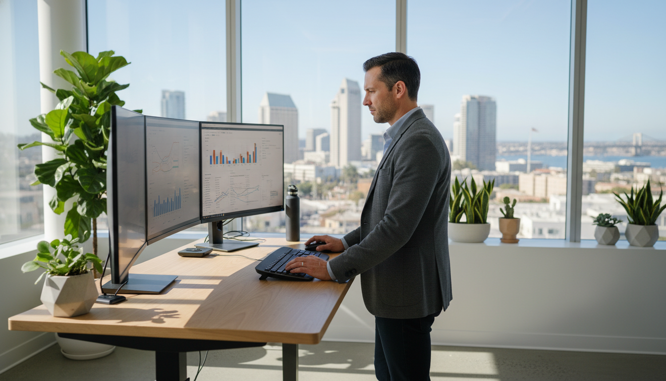 AI SEO consultant working at modern San Diego office desk with analytics dashboards displayed on monitors.