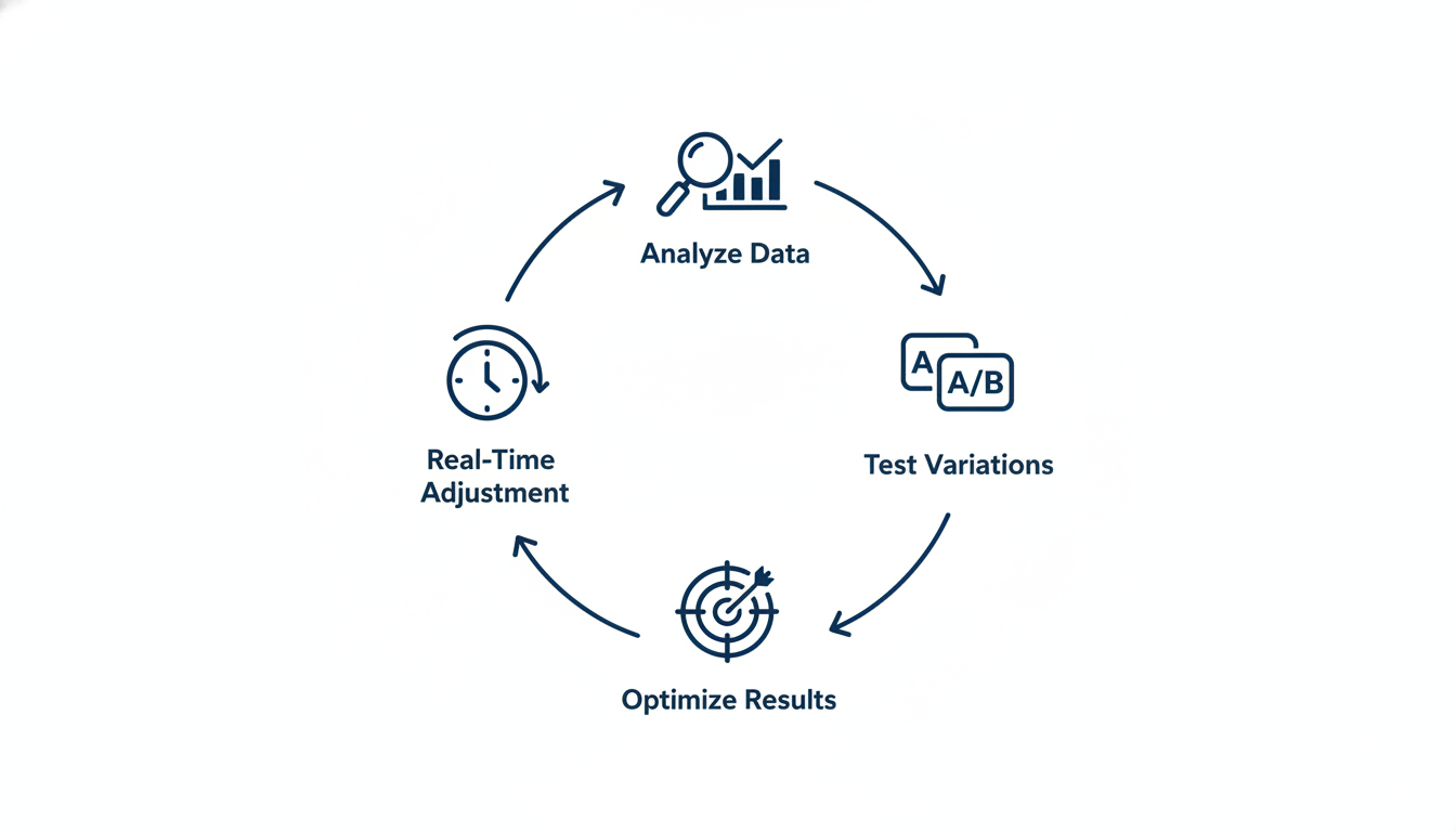 AI marketing workflow infographic: analyze, test, optimize, adjust cycle