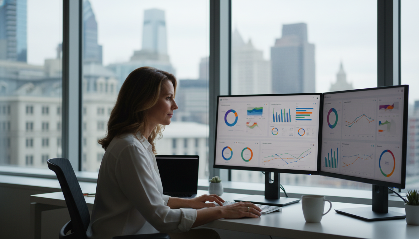 Digital marketing strategist reviewing analytics dashboard in Philadelphia office