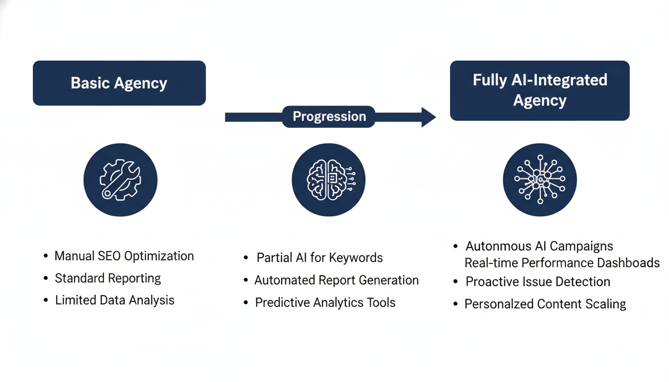Three-tier agency comparison: basic, AI-assisted, fully integrated