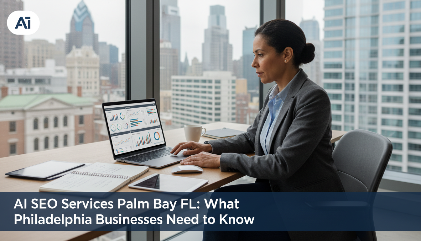 Professional business owner working at modern office desk with SEO analytics displayed on laptop screen, Palm Bay.
