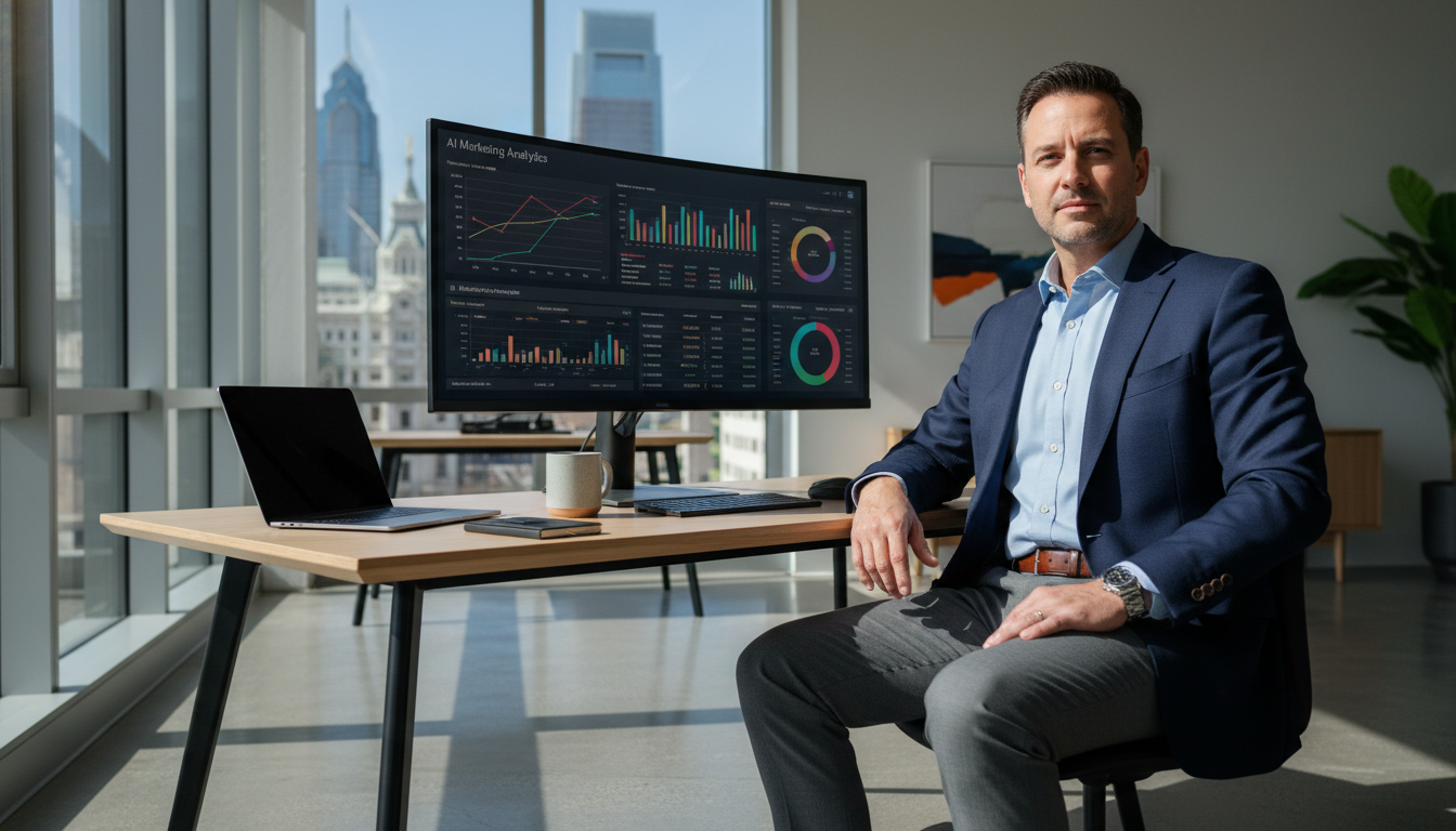 Professional business owner reviewing AI marketing analytics in modern office, Springfield