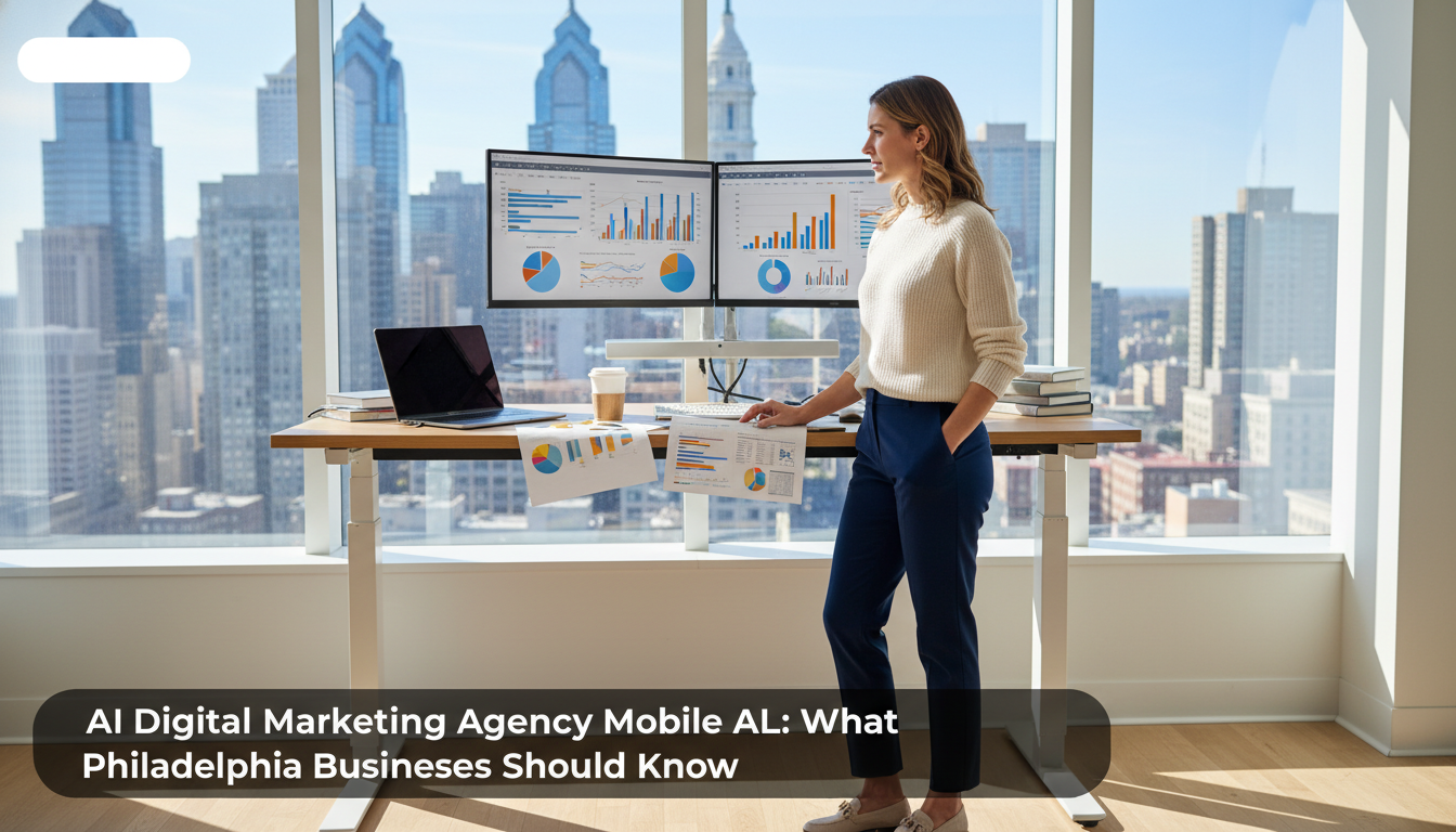 Professional woman at modern standing desk with dual monitors displaying analytics dashboards in bright Mobile office, digital marketing strategy