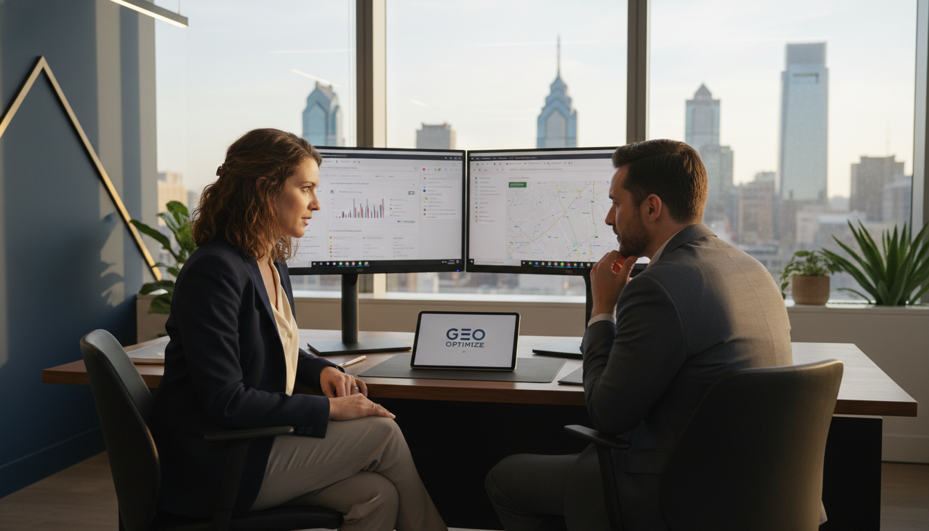 AI SEO consultant and business owner discussing GEO strategy in Philadelphia office with city skyline view