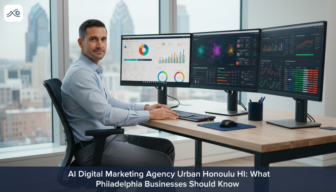 Professional strategist at modern office desk with multiple monitors displaying AI marketing analytics and dashboards, Honolulu.