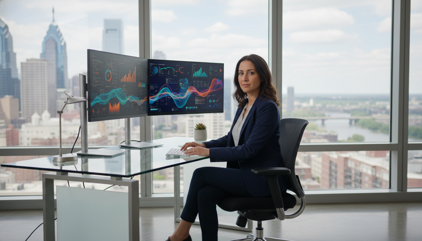 SEO strategist analyzing search data at modern office workstation, Philadelphia AI SEO company