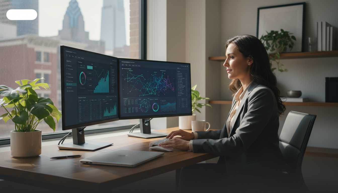 Boise marketing director reviewing AI SEO analytics on dual monitors in modern office