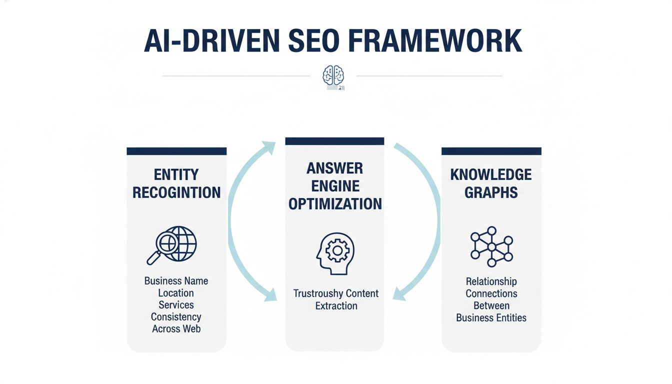 Three-pillar framework: Answer Engine Optimization, Entity Recognition, Knowledge Graphs, SEO Co Philadelphia