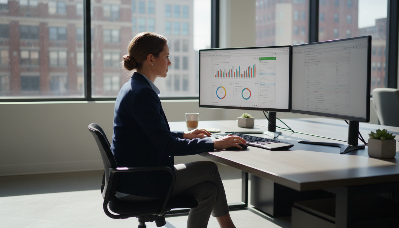 Professional analyst reviewing SEO analytics dashboards in modern Pensacola office, SEO Co, Pennsylvania
