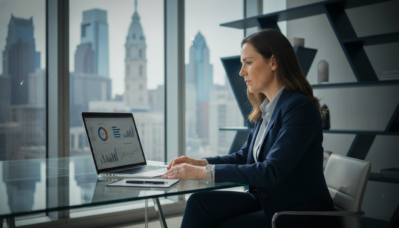 Tallahassee business professional reviewing SEO analytics on laptop in modern office with natural daylight, Programmatic SEO, Tallahassee PA