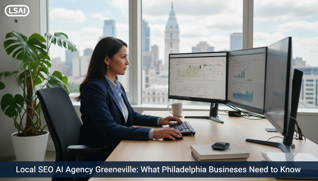Professional female SEO strategist analyzing local search analytics at modern Greenville office desk with city skyline views