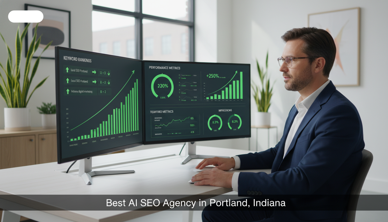 SEO strategist reviewing analytics dashboards with upward trending graphs, AI SEO Agency, Portland, Indiana