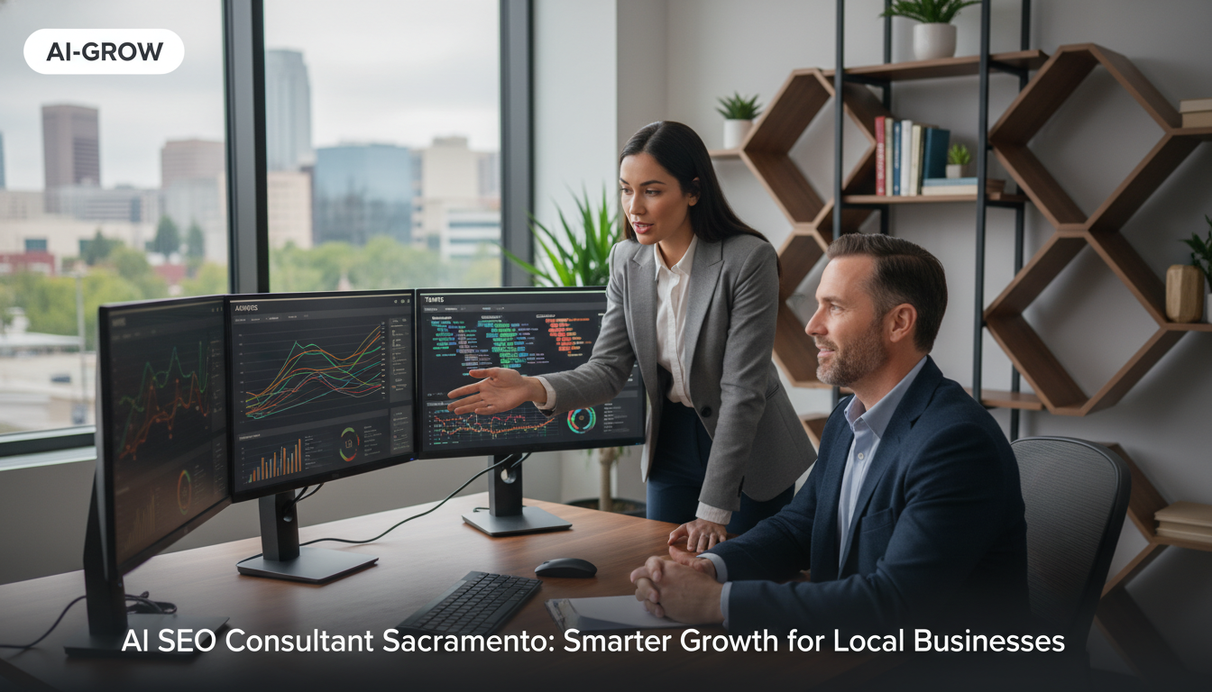 AI SEO consultant collaborating with business owner over data analytics in modern office, Sacramento PA