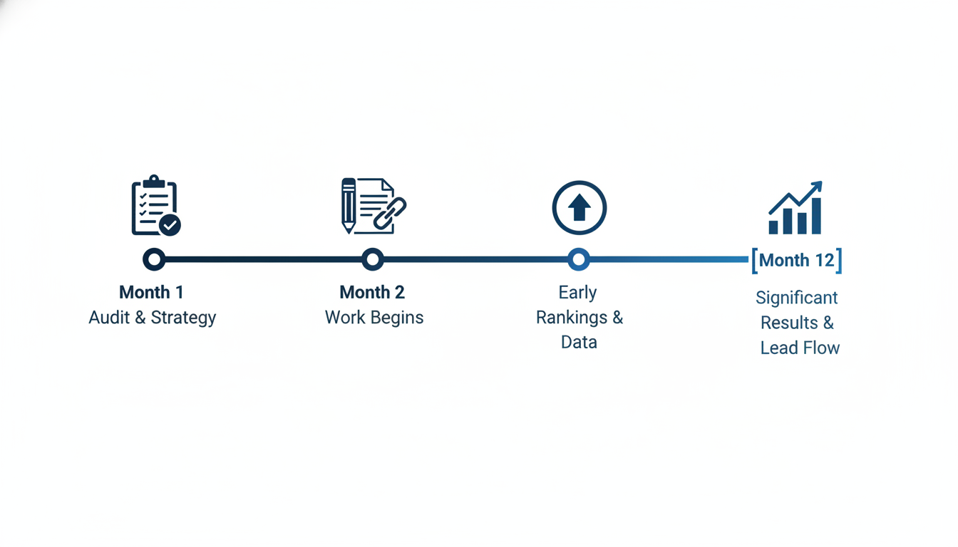 Month-by-month SEO results timeline progression, AI SEO Gainesville FL