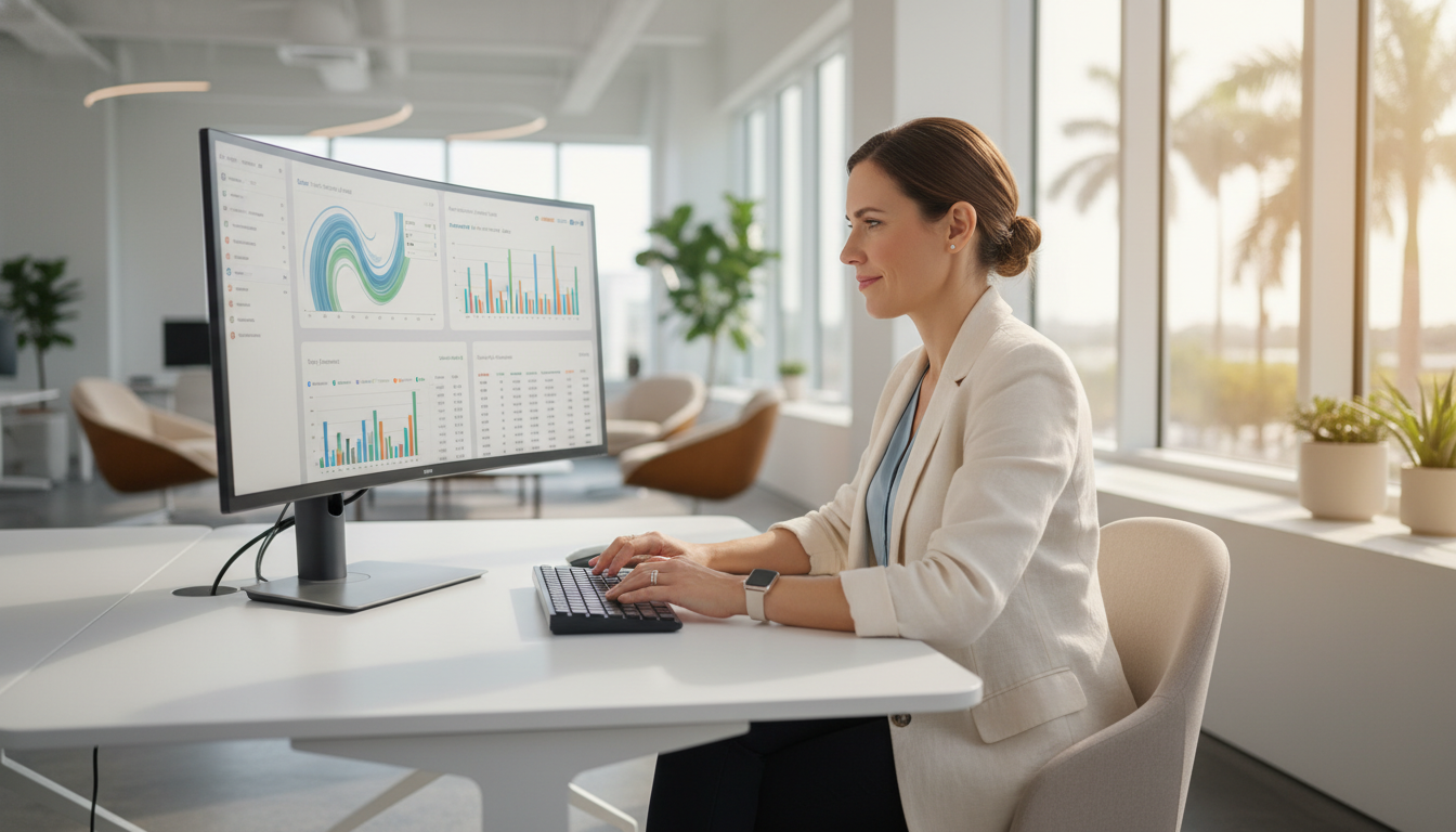 Digital strategist reviewing SEO analytics on modern office desk, AI SEO services Gainesville FL
