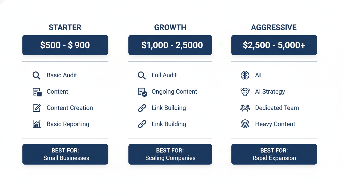 SEO pricing tier breakdown Starter Growth Aggressive, Gainesville FL