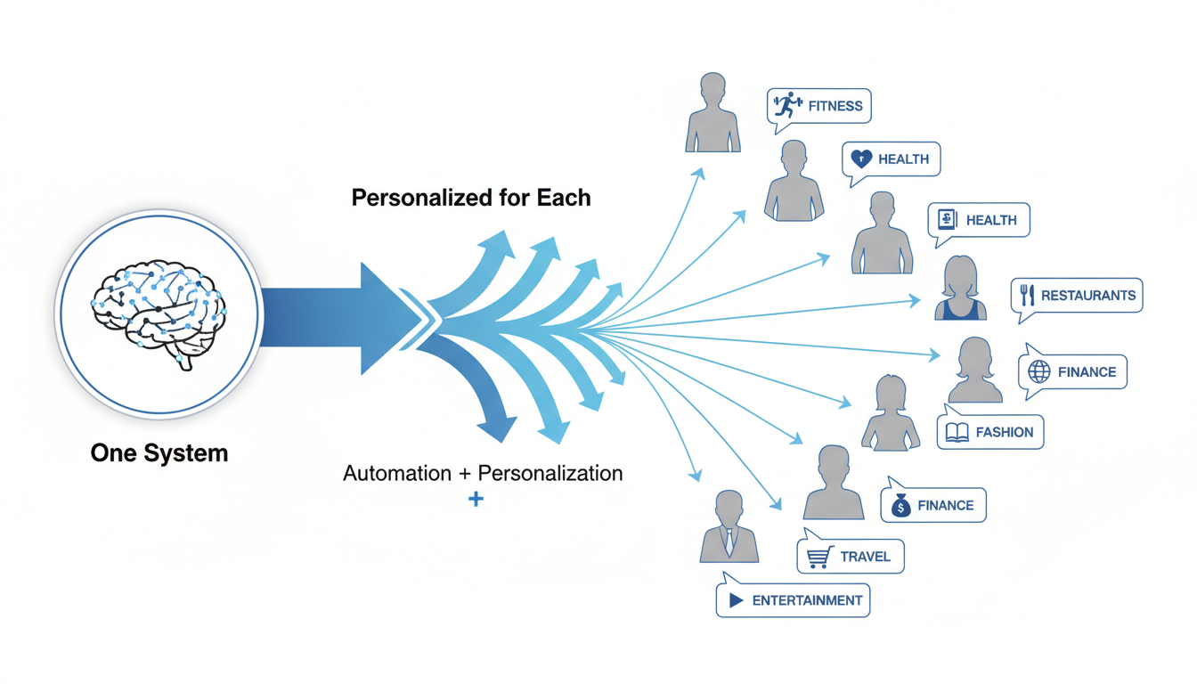 Infographic showing AI system personalizing content for multiple customers simultaneously in Gainesville