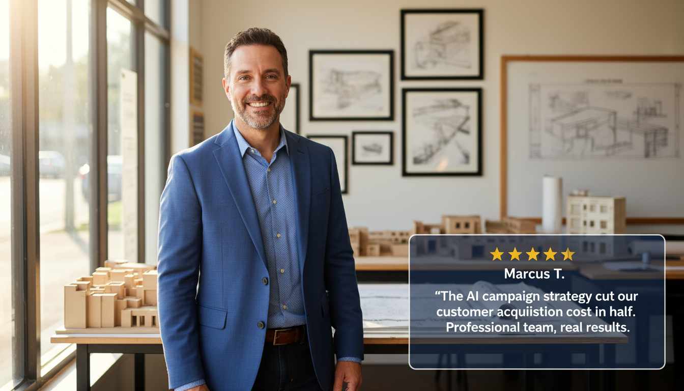 Gainesville business owner Marcus T. reviews AI marketing results with five-star testimonial overlay