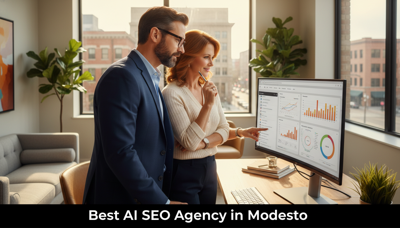 AI SEO consultant consulting with business owner reviewing analytics in modern office, Modesto GA