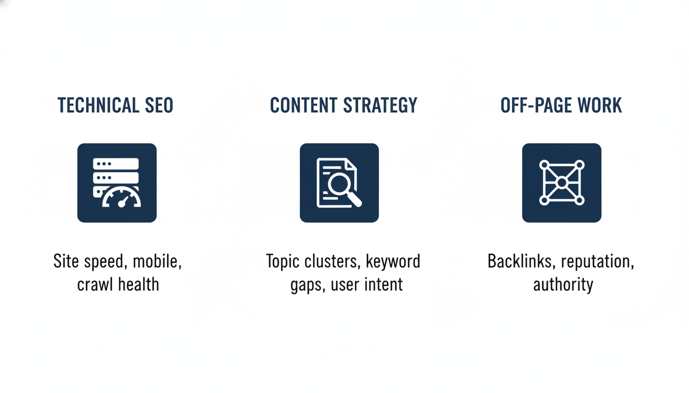 Three-step AI SEO process diagram: Technical SEO, Content Strategy, Off-Page Work for Gainesville