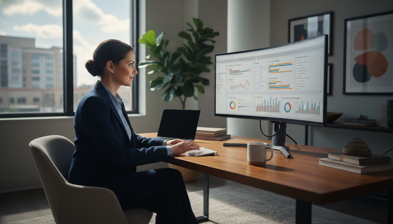 SEO strategist reviewing AI analytics dashboard in modern Nashville office with natural lighting