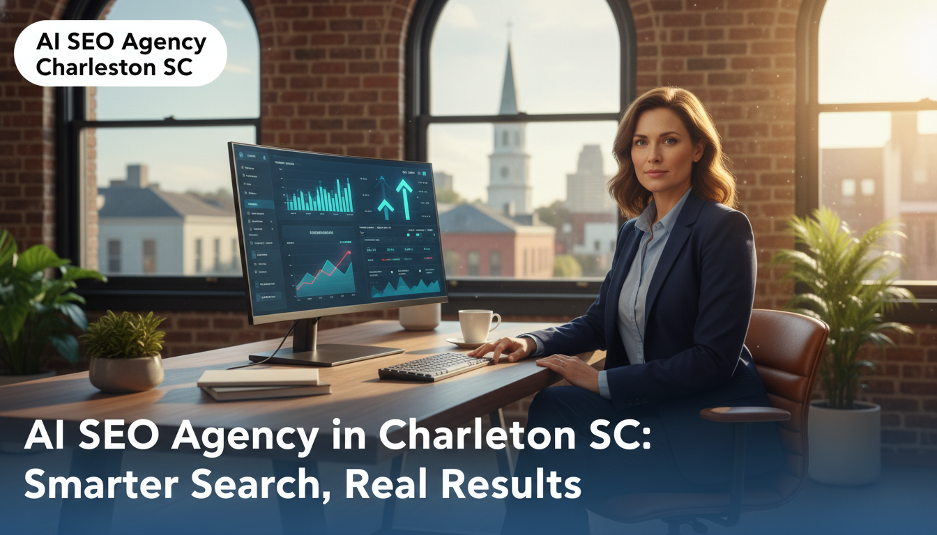 SEO strategist reviewing analytics dashboard in modern Charleston office, AI SEO agency