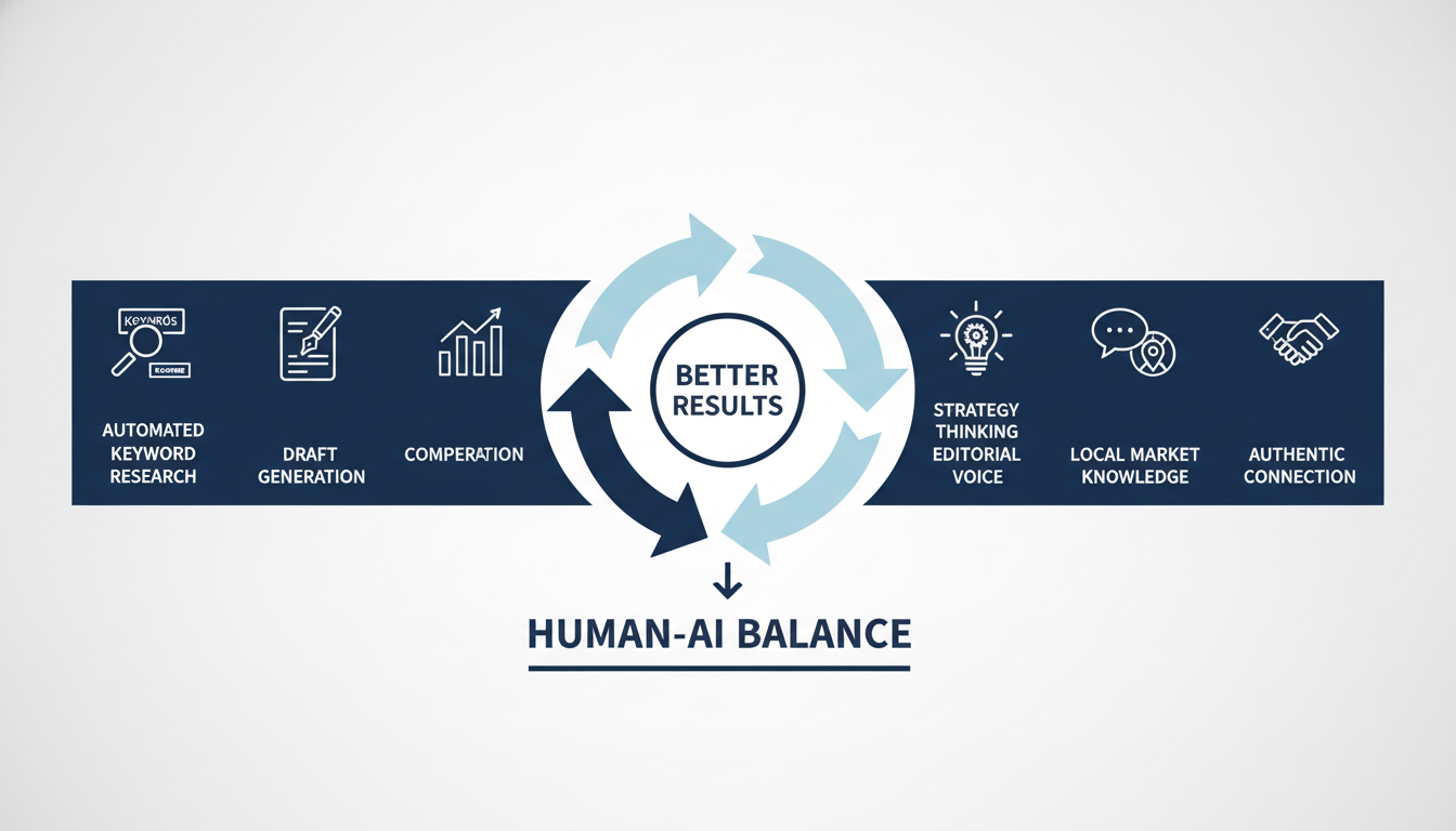 Infographic showing human-AI balance in content marketing: AI efficiency combined with human strategy