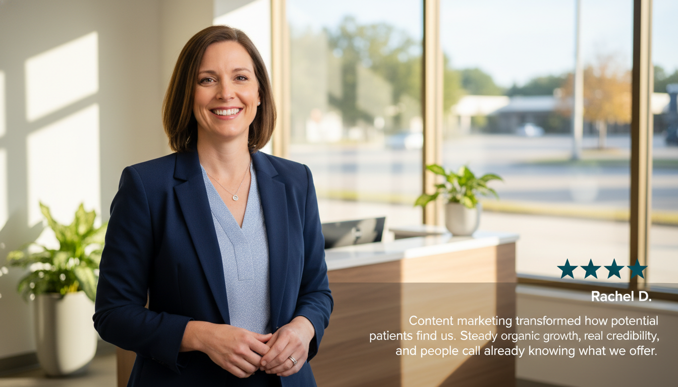 Satisfied female Augusta business owner with 5-star testimonial about content marketing organic growth results
