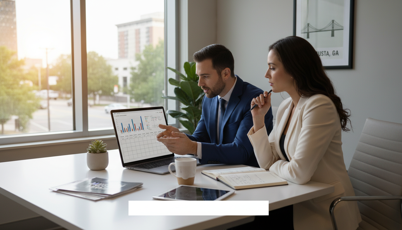 Content strategist and Augusta business owner collaborating on AI content marketing strategy in modern office