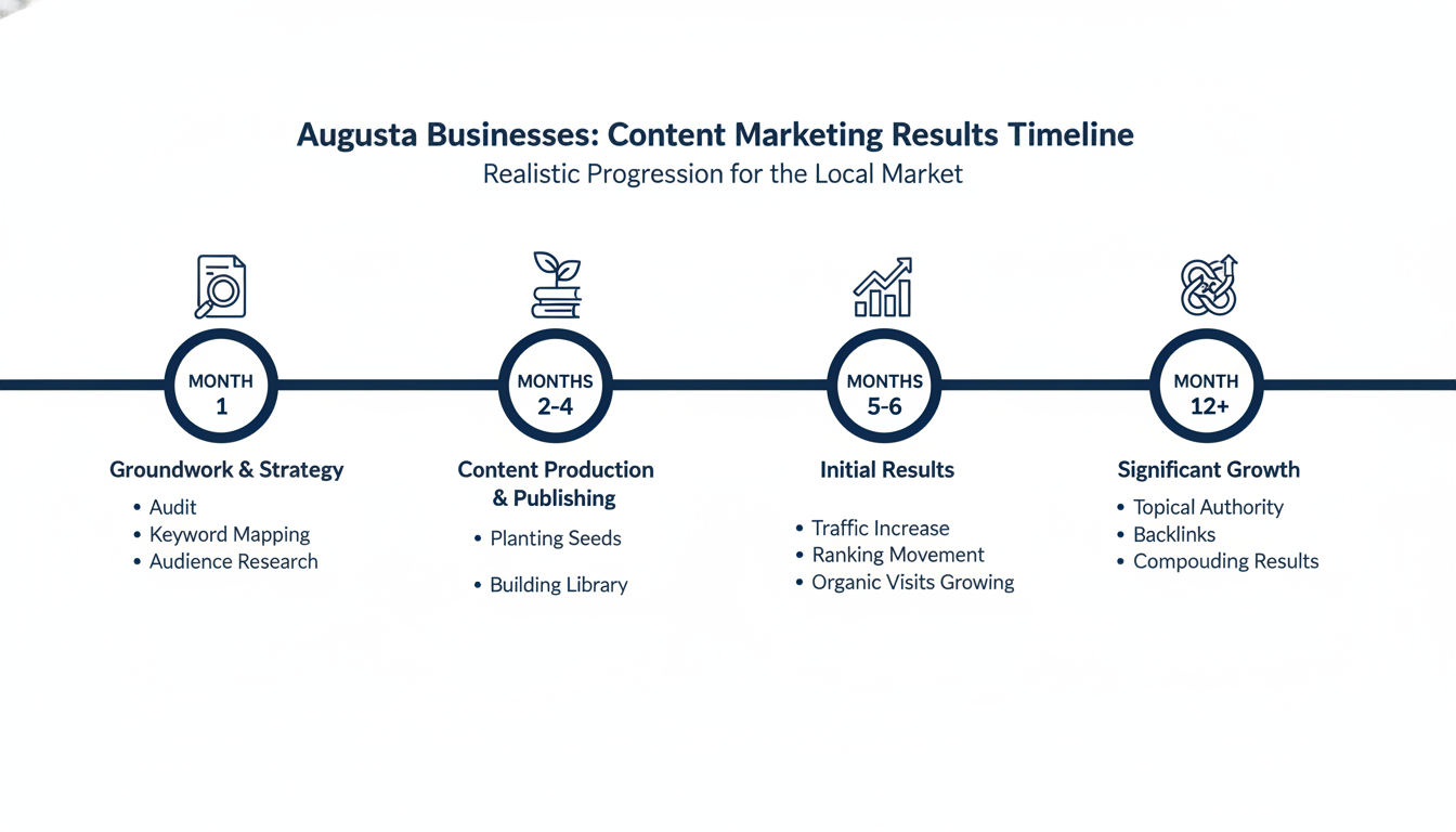 Timeline infographic: Content marketing results progression from month 1 groundwork through month 12 growth