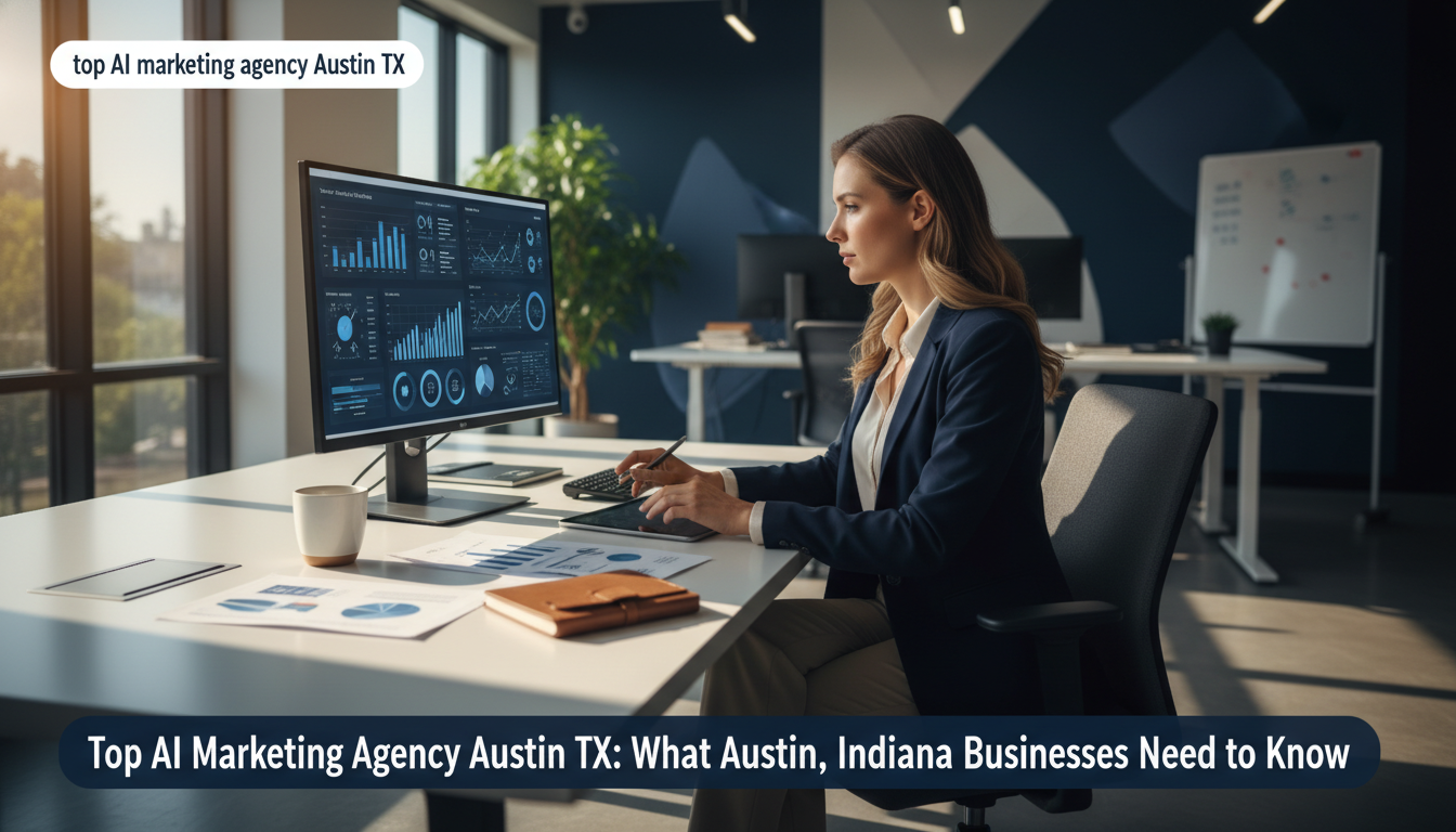 Marketing strategist reviewing AI analytics in modern office: AI marketing agency in Austin, Indiana