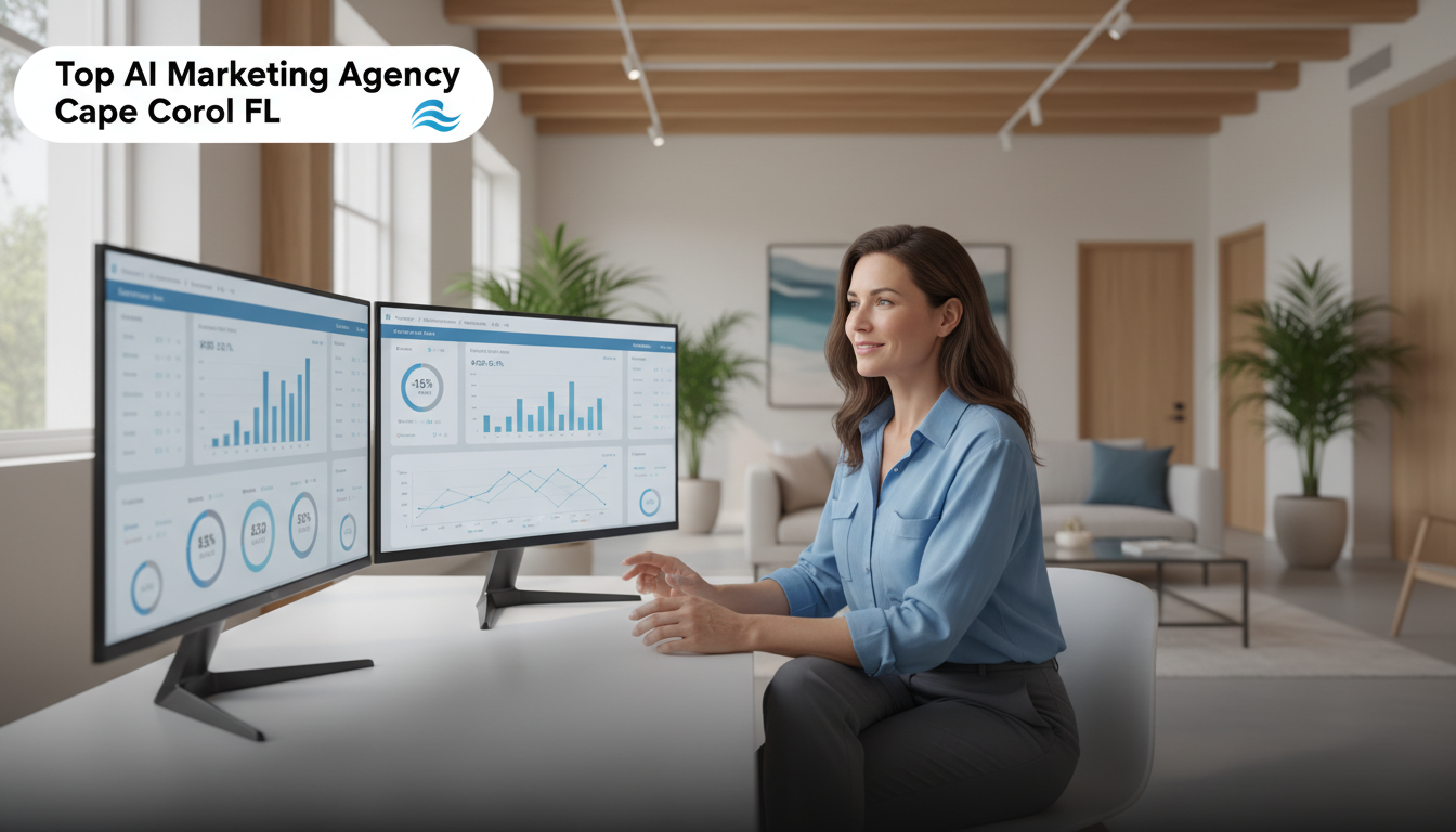 Marketing strategist reviewing AI analytics dashboards in modern Cape Coral office with data visualization screens
