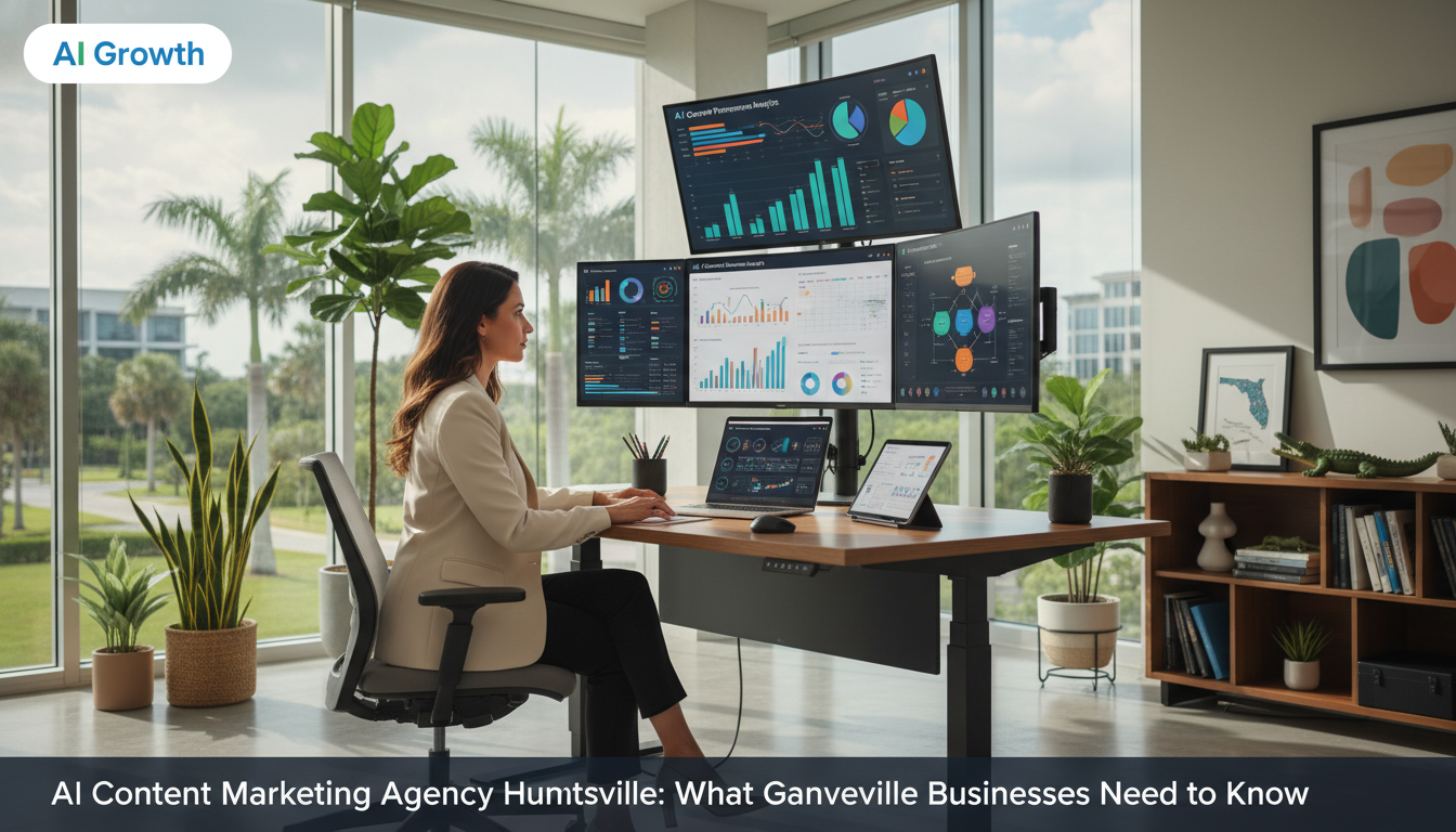 Digital strategist reviewing AI content marketing analytics in modern office, Gainesville content marketing