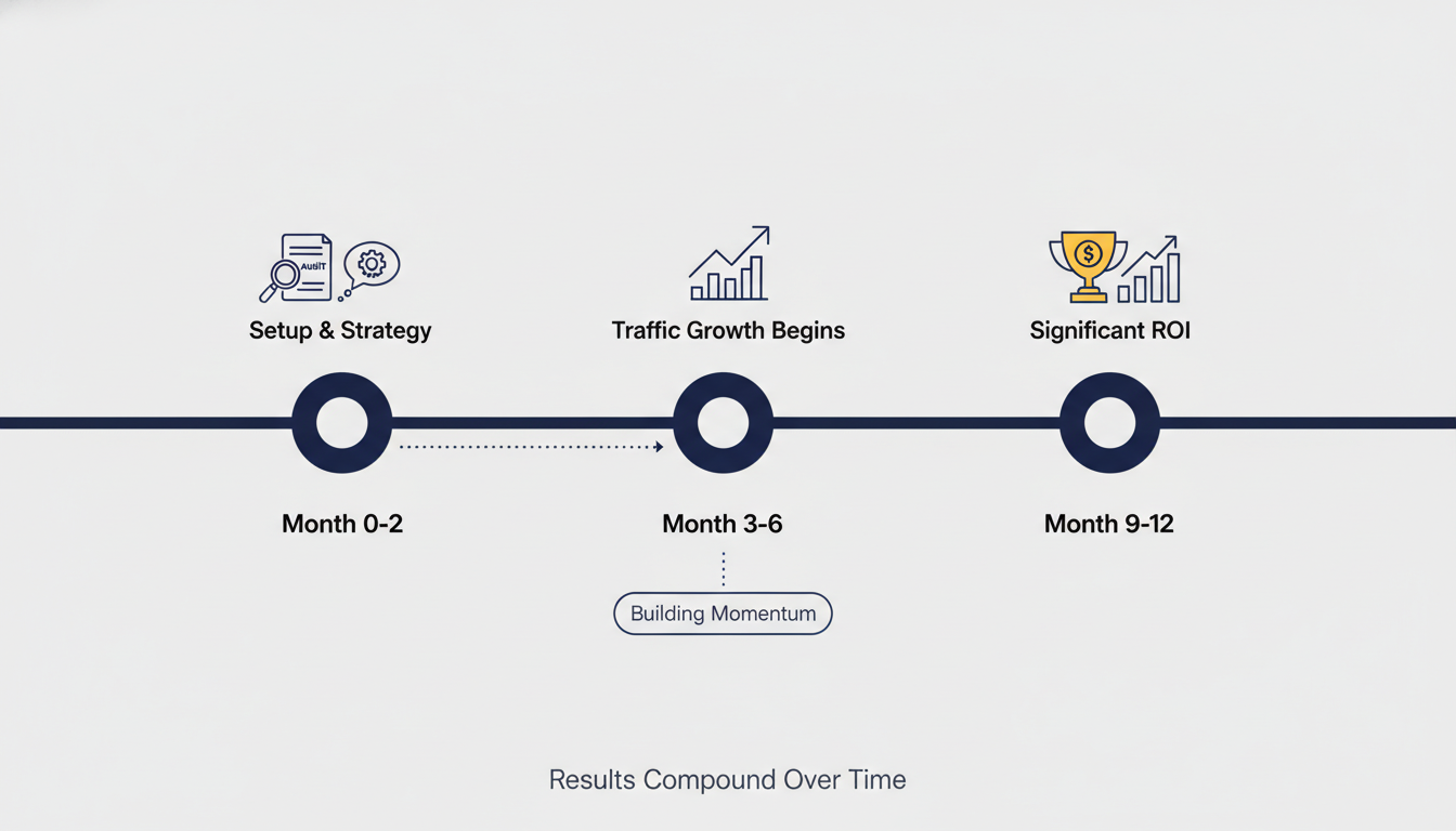 Content marketing timeline: 30-60 days setup, 3-6 months growth, 9-12 months ROI realization